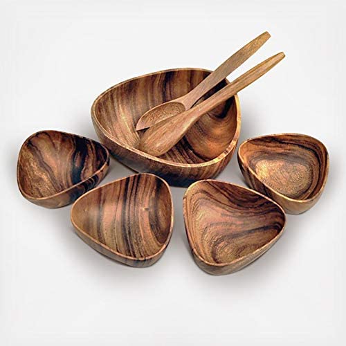 Acacia Wood 7-Piece 3-Sided 10" x 4" Salad Bowl Set with Four 6" x 3" Salad Bowls and Servers