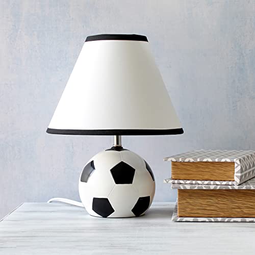 Simple Designs LT1079-SCR SportsLite 11.5" Tall Athletic Sports Soccer Ball Ceramic Bedside Table Desk Lamp w White Empire Fabric Shade w Black Trim for Kids&