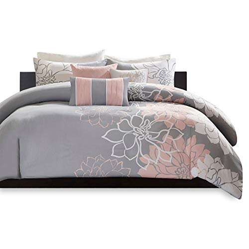 Madison Park Lola Sateen Cotton Comforter Set-Casual Medallion Floral Design All Season Down Alternative Bedding, Shams, Bedskirt, Decorative Pillows, Cal King(104"x92"), Grey/Blush, 7 Piece