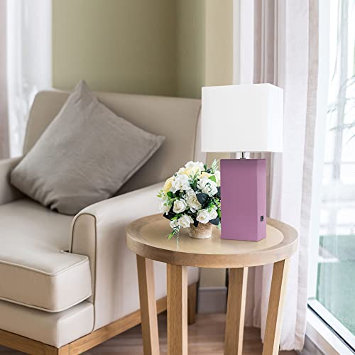 Lalia Home Lexington 21" Leather Base Modern Home Decor Bedside Table Lamp with USB Charging Port with White Rectangular Fabric Shade, Purple