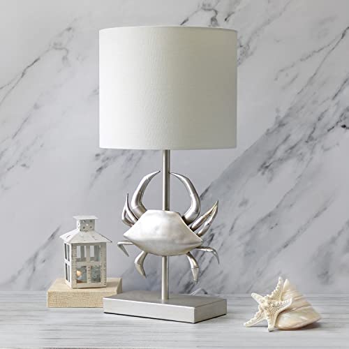 Simple Designs LT1090-BSN Shoreside 18.25" Tall Coastal Brushed Nickel & Polyresin Pinching Crab Bedside Table Desk Lamp w White Fabric Drum Shade for Décor, Accent,Beach, Seaside,Living Room,Bedroom