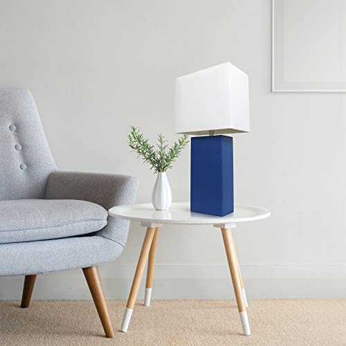 Lalia Home Lexington 21" Leather Base Modern Home Decor Bedside Table Lamp with White Rectangular Fabric Shade, Blue