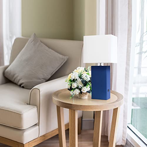 Lalia Home Lexington 21" Leather Base Modern Home Decor Bedside Table Lamp with USB Charging Port with White Rectangular Fabric Shade, Blue