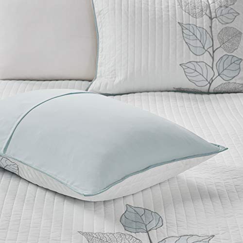 Madison Park Quilt Modern Classic Design All Season, Breathable Coverlet Bedspread Lightweight Bedding Set, Matching Shams, Decorative Pillow, Full/Queen(90"x90"), Caelie, Leaf Blue, 6 Piece