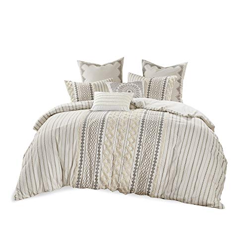 100% Cotton Comforter Mid Century Modern Design All Season Bedding Set, Matching Shams, Full/Queen(88"x92"), Imani, Ivory Chenille Tufted Accent 3 Piece