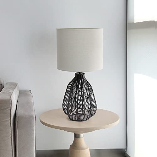 Lalia Home 21" Vintage Rattan Wicker Style Paper Rope Bedside Table Lamp with Light Gray Fabric Shade, Black