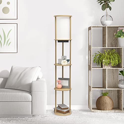 Simple Designs LF2010-TAN 62.5" Round Modern Shelf Etagere Organizer Storage Floor Lamp with 2 USB Charging Ports, 1 Charging Outlet and Linen Shade for Living Room Bedroom Office, Tan
