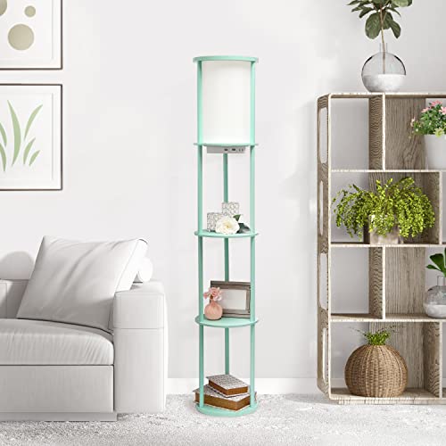 Simple Designs LF2010-AQU 62.5" Round Modern Shelf Etagere Organizer Storage Floor Lamp with 2 USB Charging Ports, 1 Charging Outlet and Linen Shade for Living Room Bedroom Office, Aqua