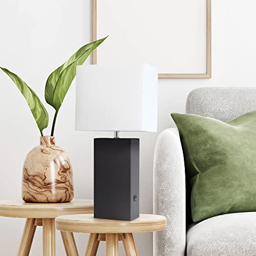 Lalia Home Lexington 21" Leather Base Modern Home Decor Bedside Table Lamp with USB Charging Port with White Rectangular Fabric Shade, Black