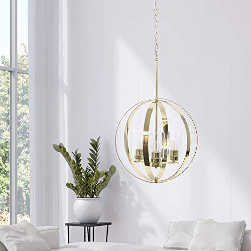 Lalia Home 3-Light 18" Adjustable Industrial Globe Hanging Metal and Clear Glass Ceiling Pendant, Gold