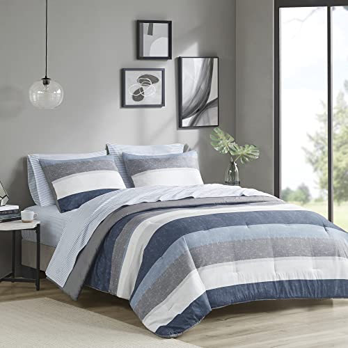 Madison Park Essentials Bed in a Bag Comforter Set with Sheet, Printed Stripe Design, Modern All Season Bedding and Matching Sham, Queen Blue/Grey 7 Piece