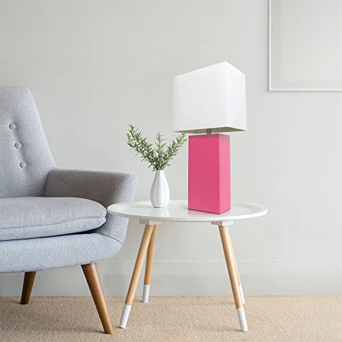 Lalia Home Lexington 21" Leather Base Modern Home Decor Bedside Table Lamp with White Rectangular Fabric Shade, Hot Pink
