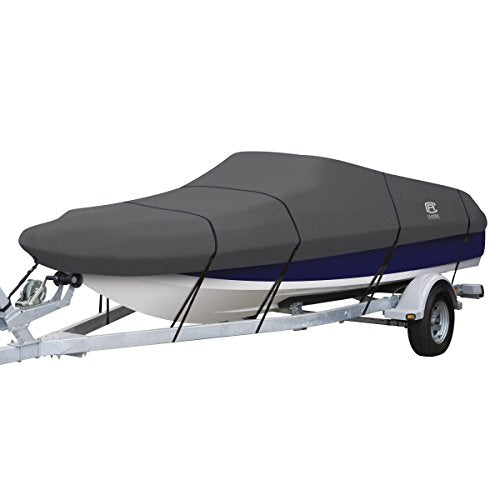 Classic Accessories StormPro Dark Grey Heavy-Duty Deck Boat Cover, Fits boats 22 Foot - 24 Foot L x 116 Inch W, Marine Grade Fabric, Water-Resistant, Fits V-Hull Runabouts OutBoards and I/O