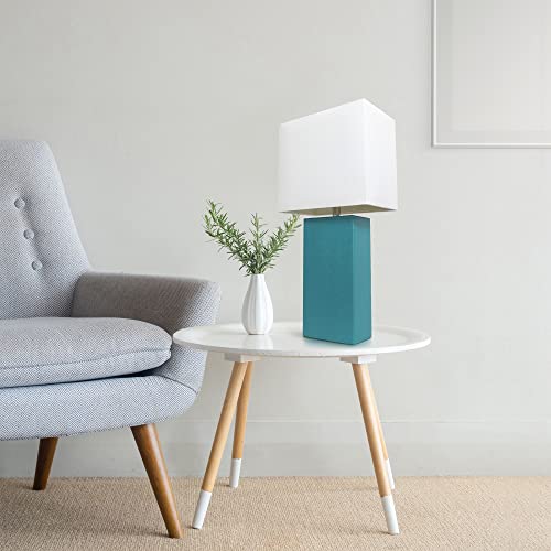 Lalia Home Lexington 21" Leather Base Modern Home Decor Bedside Table Lamp with White Rectangular Fabric Shade, Teal