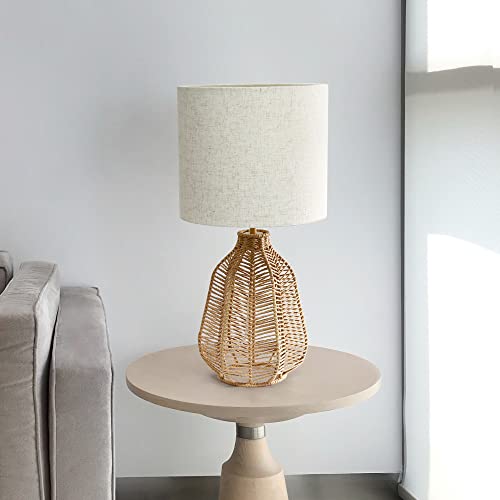 Lalia Home 21" Vintage Rattan Wicker Style Paper Rope Bedside Table Lamp with Light Beige Fabric Shade, Natural