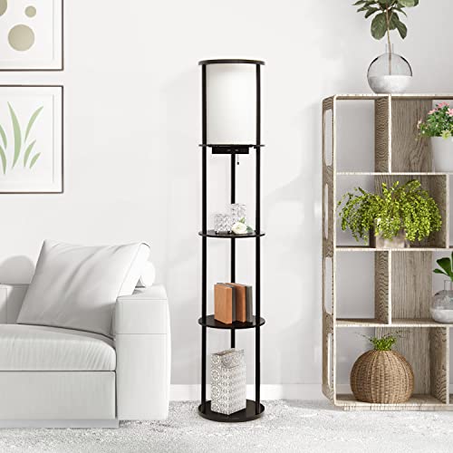 Simple Designs LF2010-BLK 62.5" Round Modern Shelf Etagere Organizer Storage Floor Lamp with 2 USB Charging Ports, 1 Charging Outlet and Linen Shade for Living Room Bedroom Office, Black