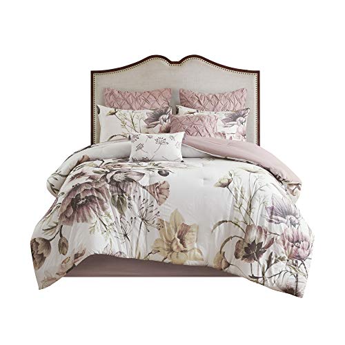 Madison Park Cotton Comforter Set Contemporary Floral Design - All Season Bedding Set, Matching Bed Skirt, Decorative Pillows, Cal King(104"x92"), Cassandra Shabby Chic, Blush 8 Piece