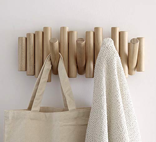 Umbra Picket 5 Hooks, Wall-Mounted Rail, Doubles as Art, Beveled Pine Wood Dowels, Natural