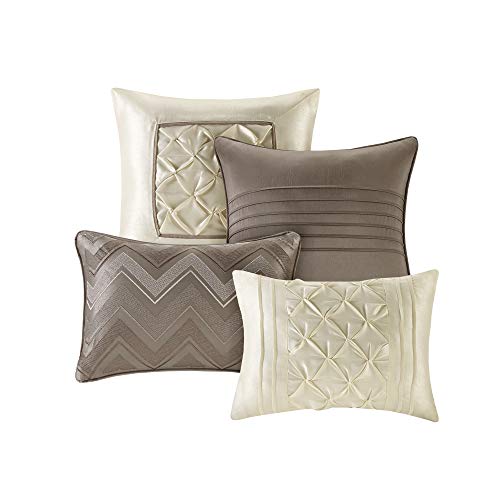 Madison Park Essentials Room in a Bag Faux Silk Comforter Set-Luxe Diamond Tufting All Season Bedding, Matching Curtains, Decorative Pillows, California King (104 in x 92 in), Taupe