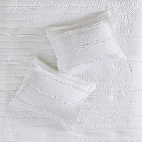 Madison Park Comforter Set-Textured Luxury Design All Season Down Alternative Bedding, Matching Sham, Decorative Pillows, Cal King(104"x92"), Celeste, Ruffle White, 5 Piece