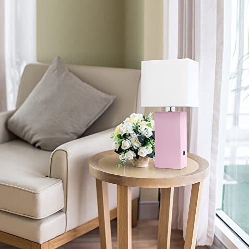 Lalia Home Lexington 21" Leather Base Modern Home Decor Bedside Table Lamp with USB Charging Port with White Rectangular Fabric Shade, Blush Pink