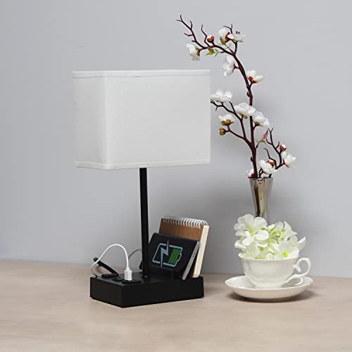 Simple Designs LT1110-WOB 15.3" Tall Modern Rectangular Multi-Use 1 Lt Bedside Table Desk Lamp w 2 USB Ports & Charging Outlet w White Fabric Shade for Bedroom,LivingRoom,Dorm,Office,Nightstand,Black