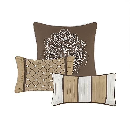 Madison Park Cozy Comforter Set - Luxurious Jaquard Traditional Damask Design, All Season Down Alternative Bedding with Matching Shams, Decorative Pillow Bellagio Brown/Gold Queen(90"x90") 7 Piece