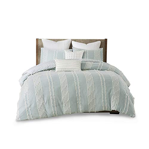 100% Cotton Comforter Set, Clipped Jacquard Design Diamond Print All Season Down Alternative Cozy Bedding with Matching Shams, King/Cal King(104"x92"), Kara, Aqua Reversable Stripes 3 Piece