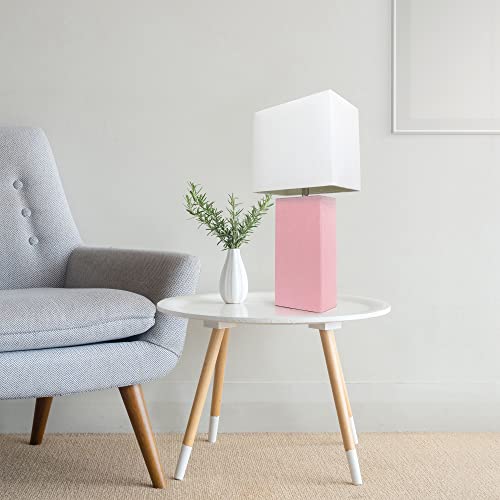 Lalia Home Lexington 21" Leather Base Modern Home Decor Bedside Table Lamp with White Rectangular Fabric Shade, Pink