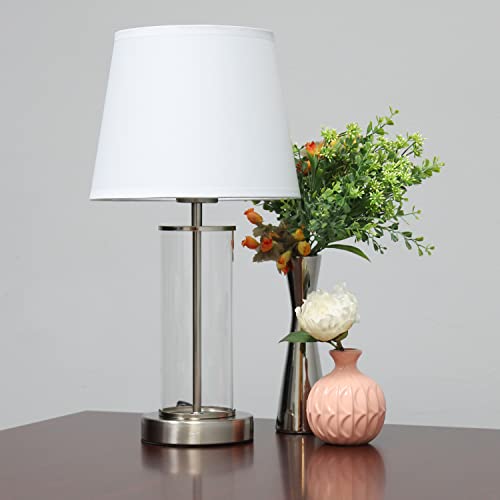 Simple Designs Encased Metal and Clear Glass Table Lamp, Brushed Nickel and White, 8.66"L x 8.66"W x 16.93"H