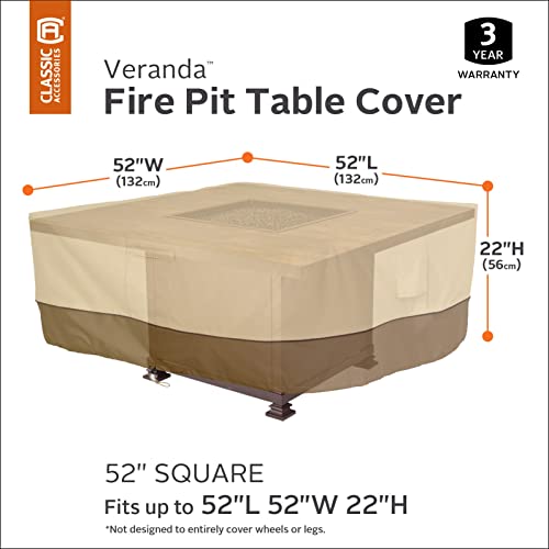 Classic Accessories Veranda Water-Resistant 52 Inch Square Fire Pit Table Cover, Outdoor Table Cover
