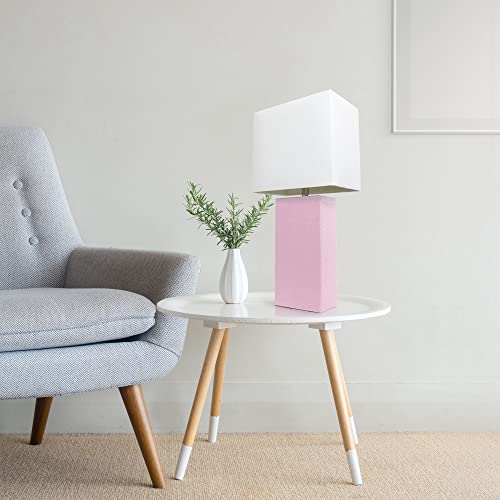 Lalia Home Lexington 21" Leather Base Modern Home Decor Bedside Table Lamp with White Rectangular Fabric Shade, Blush Pink
