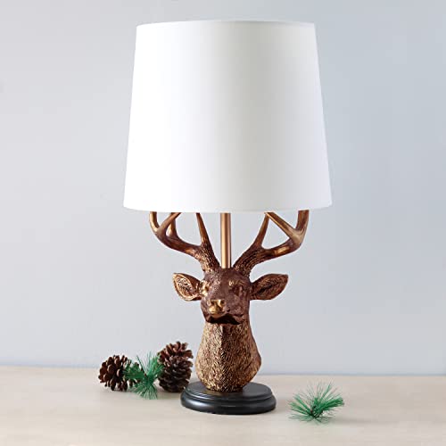 Simple Designs LT1095-CPR Woodland 17.25" Tall Rustic Antler Copper Deer Bedside Table Desk Lamp w Tapered White Fabric Shade for Décor, Cabin, Lodge, Mancave, Novelty, Living Room, Bedroom, Entryway