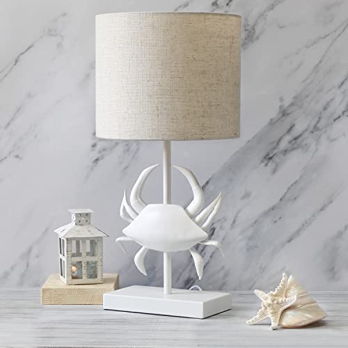 Simple Designs LT1090-WHT Shoreside 18.25" Tall Coastal White & Polyresin Pinching Crab Bedside Table Desk Lamp w Light Beige Fabric Drum Shade for Décor, Accent, Beach, Seaside, Living Room, Bedroom
