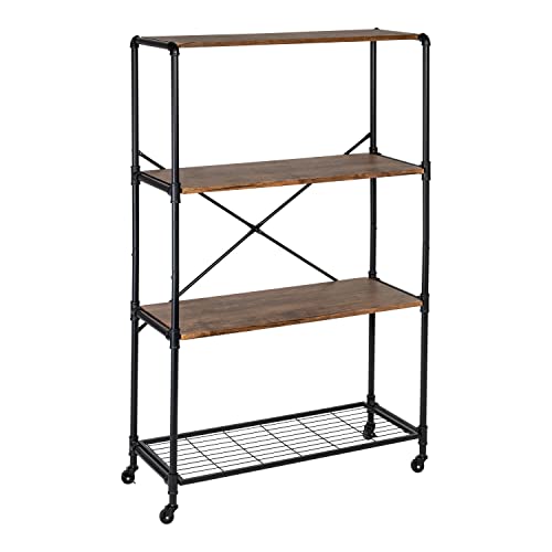 Honey-Can-Do 4-Tier Industrial Rolling Bookshelf with Wheels SHF-08838 Rustic