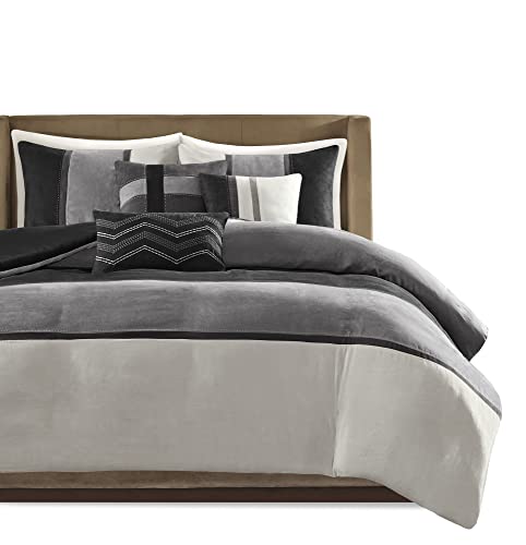 Madison Park Palisades Faux Suede Duvet Modern Pieced Stripe Design, All Season Comforter Cover Bedding Set, Matching Shams, King/Cal King(104"x92"), Black 6 Piece