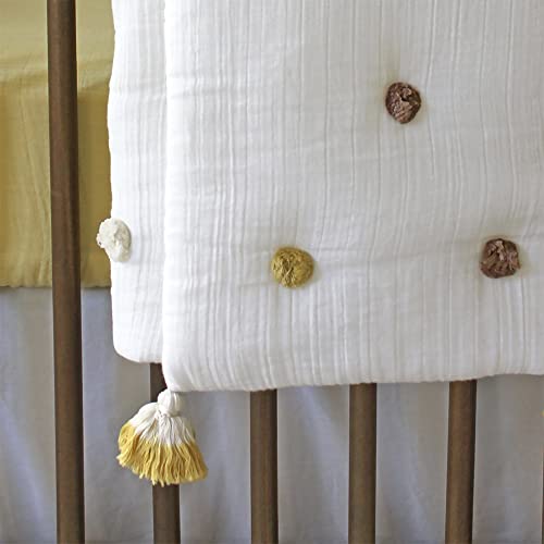 Crane Baby Blanket, Soft Cotton Pom Pom Nursery and Stroller Blanket for Boys and Girls, Cream, 36” x 36” (BC-120BL-1)