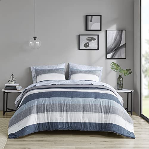 Madison Park Essentials Bed in a Bag Comforter Set with Sheet, Printed Stripe Design, Modern All Season Bedding and Matching Sham, King Blue/Grey 7 Piece