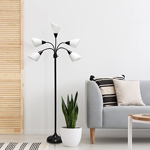Floor Lamp 5 Light Adjustable Gooseneck Black Floor Lamp with White Shades, Medusa Lamp great for Bedroom, Living room