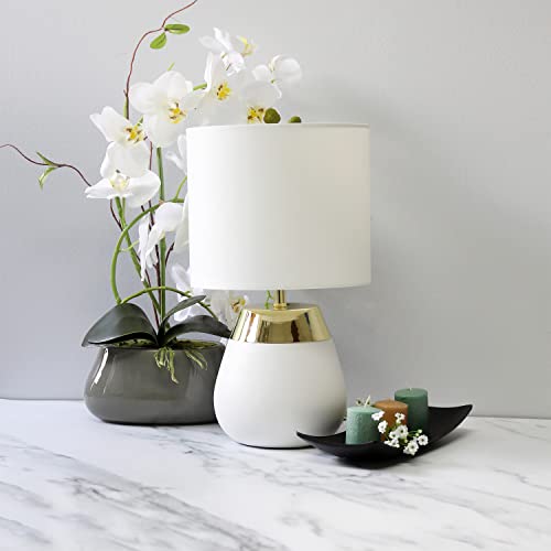 Simple Designs LT1106-WHT 14" Tall Modern 2 Tone Metallic Gold & White Metal Bedside 4 Settings Touch Table Desk Lamp w White Fabric Drum Shade for Décor, Bedroom, Living Room, Dining Room, Office