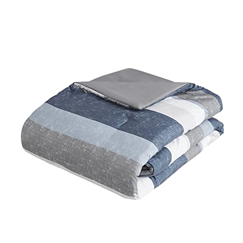 Madison Park Essentials Bed in a Bag Comforter Set with Sheet, Printed Stripe Design, Modern All Season Bedding and Matching Sham, California King Blue/Grey 7 Piece
