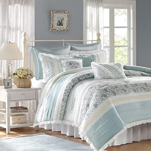 Madison Park Queen 9 Piece Cotton Percale Comforter Set in Blue Finish MP10-386