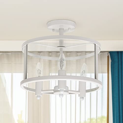 Lalia Home 3-Light 13" Industrial Farmhouse Glass and Metallic Accented Semi-Flushmount, Matte White