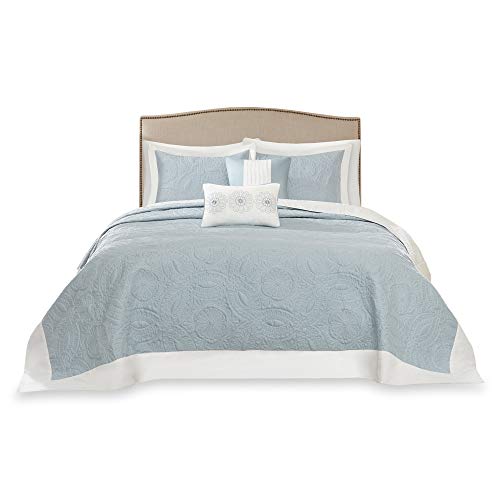 Madison Park Bedspread Set - Luxury Textured Quilt, All Season, Large Lightweight Coverlet, Cozy Bedding, Matching Shams, Medallion Blue, Oversized King (120 in x 118 in)