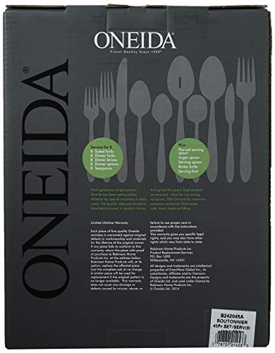 Oneida Boutonniere 45 Piece Everday Flatware, Service for 8, 18/0 Stainless Steel. Silverware Set, Dishwasher Safe, Multi