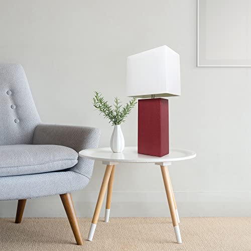 Lalia Home Lexington 21" Leather Base Modern Home Decor Bedside Table Lamp with White Rectangular Fabric Shade, Red