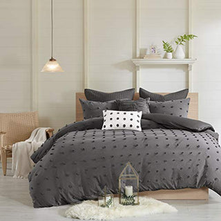 Urban Habitat Cotton Comforter Set-Tufts Pompom Design All Season Bedding, Matching Shams, Decorative Pillows, Twin/Twin XL, Brooklyn, Jacquard Charcoal