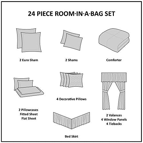 Madison Park Essentials Jordan Cozy Room in A Bag - Comforter & Complete Sheet Set, Window Treatment, Luxe Jacquard Damask Print, All Season Bedding, Pillows, Grey Queen(90"x90") 24 Piece