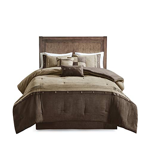 Madison Park Boone Comforter Set - Rustic Cabin Lodge Faux Suede Design, All Season Down Alternative Cozy Bedding with Matching Bedskirt, Shams, Decorative Pillow, Brown Queen(90"x90") 7 Piece