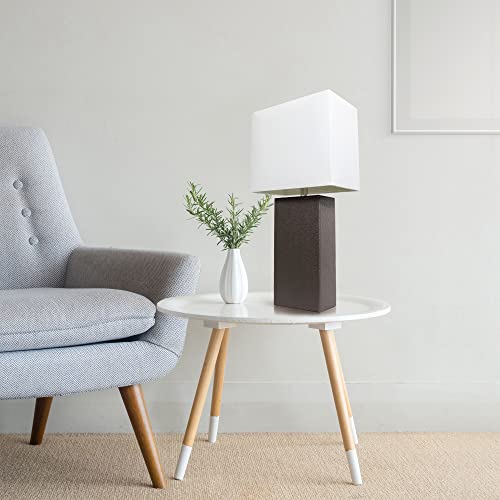 Lalia Home Lexington 21" Leather Base Modern Home Decor Bedside Table Lamp with White Rectangular Fabric Shade, Espresso Brown